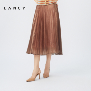 LANCY 高腰显瘦网络半身裙子女雪纺通勤百褶裙子 新款 朗姿2023夏季