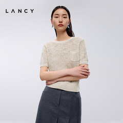 LANCY/朗姿2025年春新款高级气质镂空亮片设计感针织衫短袖上衣女
