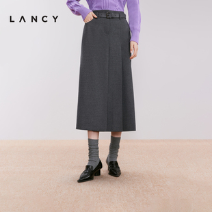 深灰色直筒压褶半裙气质通勤长款 新款 半身裙女 朗姿2024冬季 LANCY