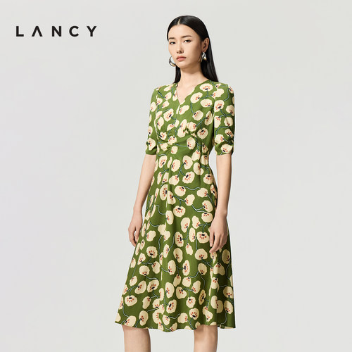 【桑蚕丝】LANCY/朗姿2026夏新款复古优雅V领收腰中袖印花连衣裙