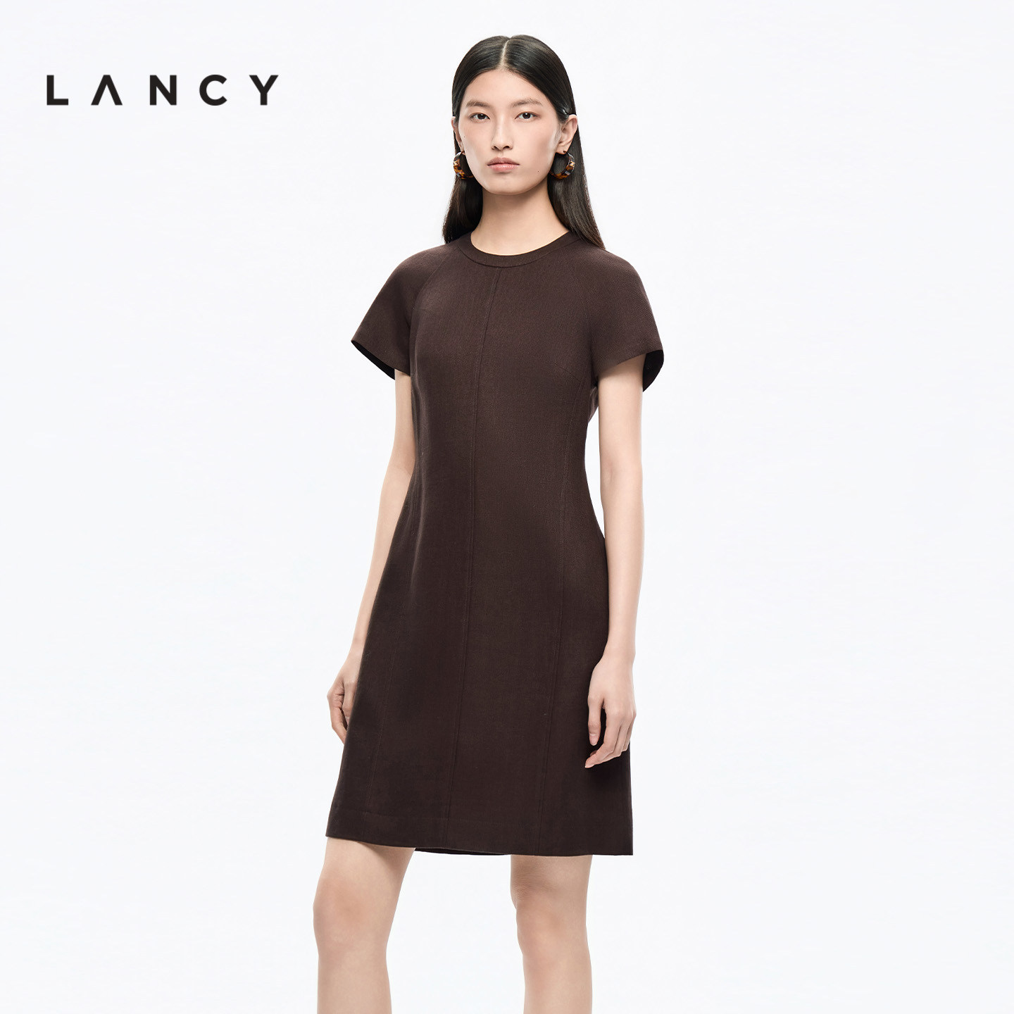 【秀场同款丨亚麻】LANCY/朗姿2026夏新款高级感直筒短袖连衣裙女