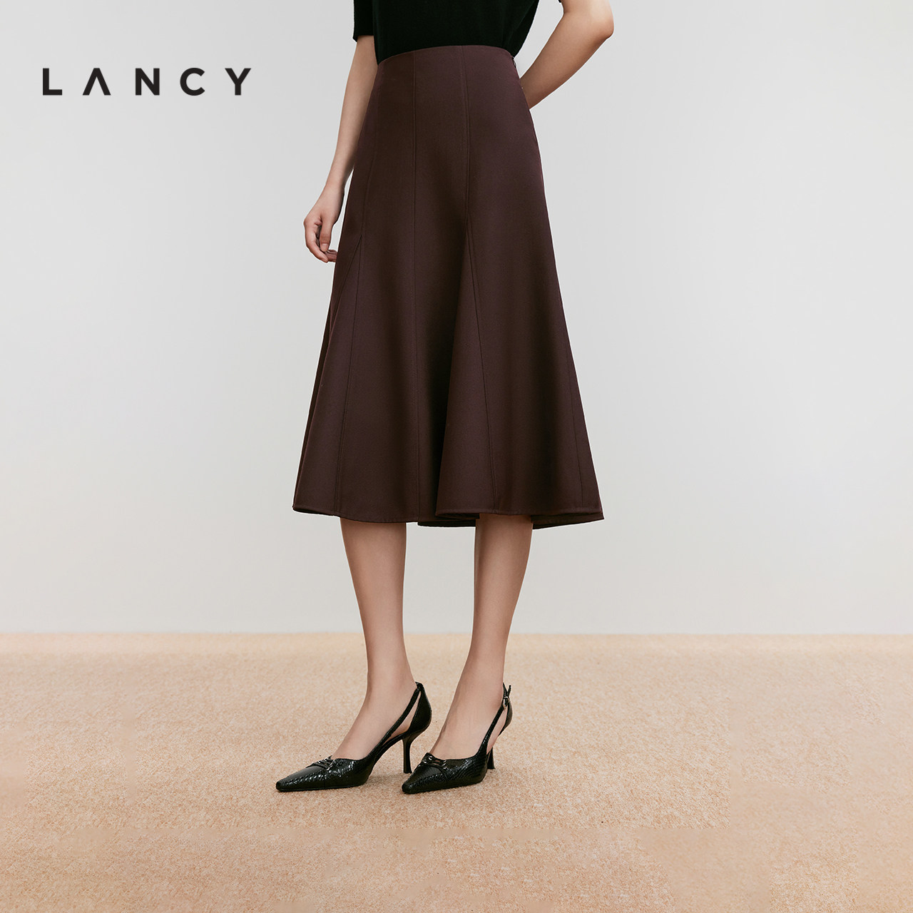 LANCY/朗姿2024法式复古A字高腰显瘦羊毛中长款通勤春季半身裙女