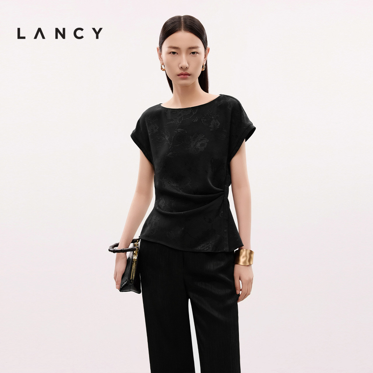 LANCY/朗姿2025夏新款法式高端印花醋酸短袖衬衫设计感收腰上衣女图片
