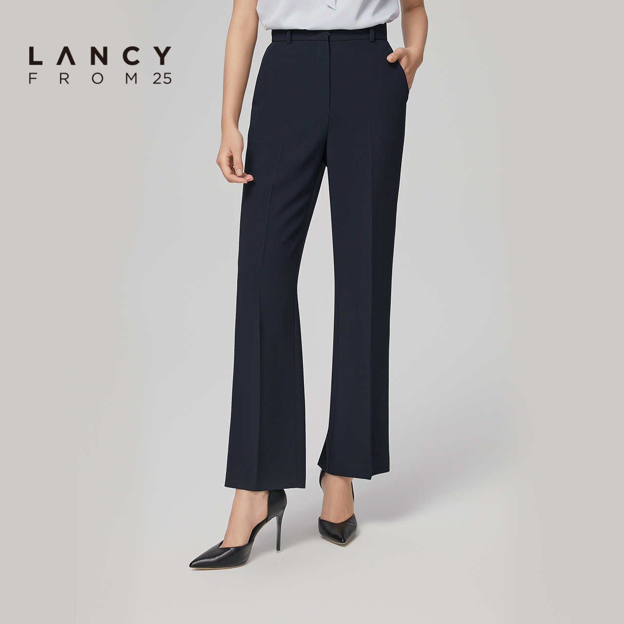 LANCY/悦朗姿夏季新款高腰休闲微喇阔腿西装裤女直筒通勤西裤子