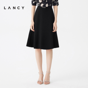 LANCY 新款 黑色通勤半身裙女高腰复古显瘦小A字裙子 朗姿2023夏季