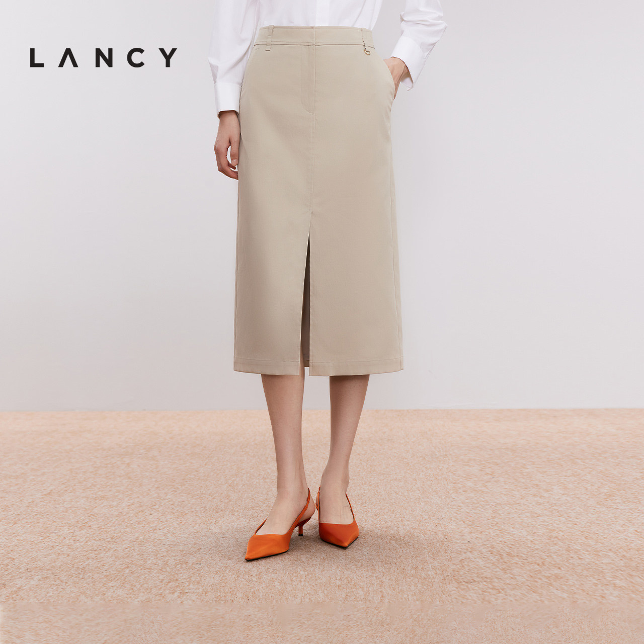 LANCY/朗姿2024秋新款通勤直筒西装高腰半身裙长款开叉气质半裙女