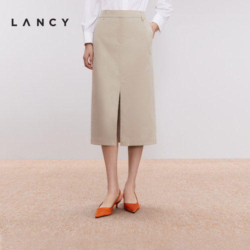 LANCY/朗姿2024秋新款通勤直筒西装高腰半身裙长款开叉气质半裙女