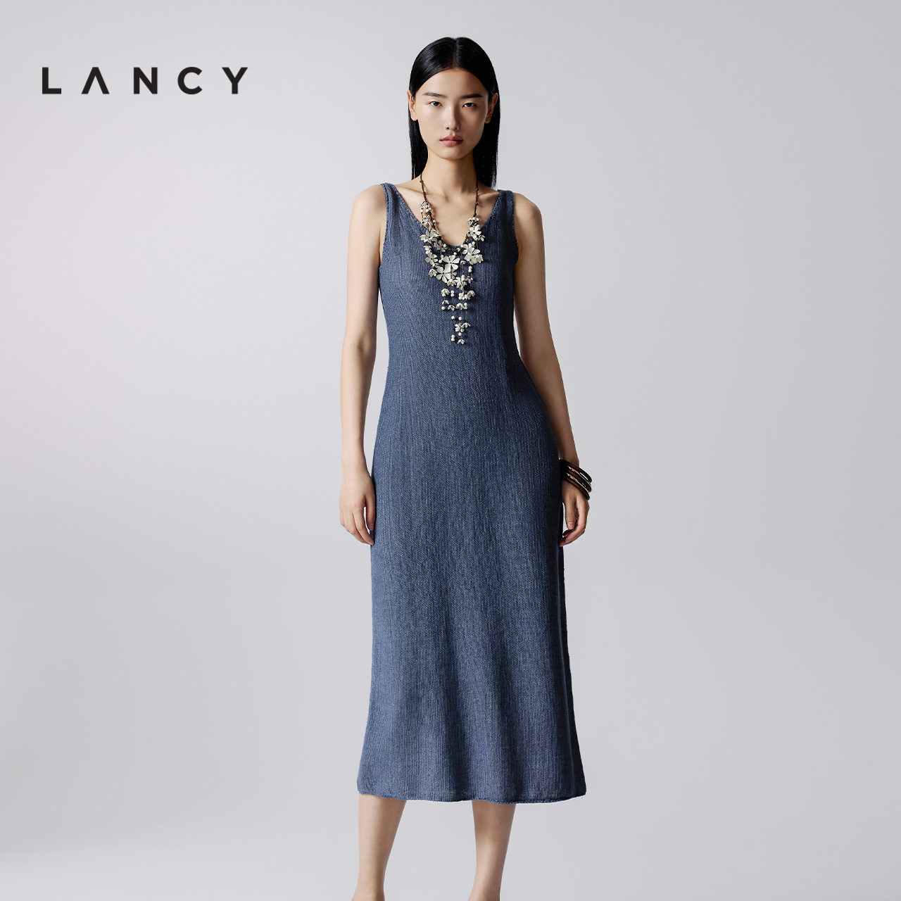 【亚麻】LANCY/朗姿夏季新款高级感V领无袖吊带针织连衣裙长