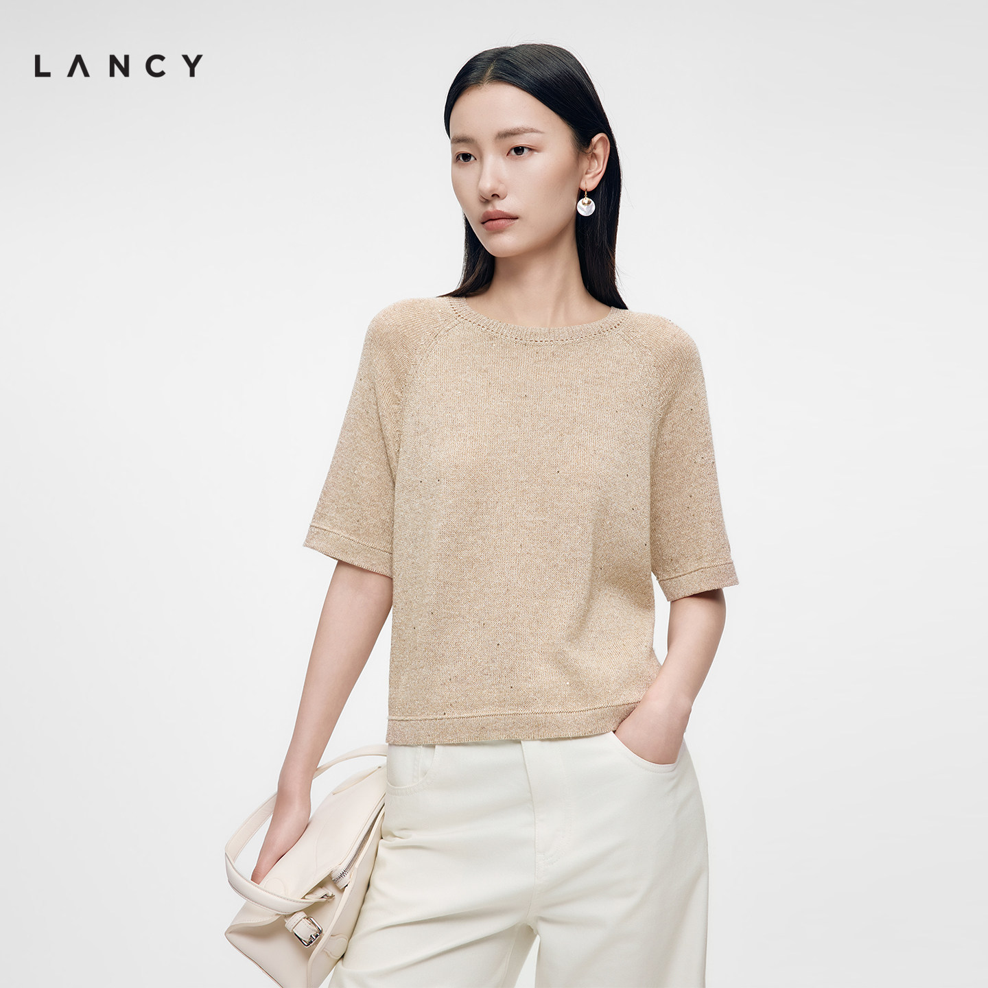 【羊毛亚麻】LANCY/朗姿2026夏新款老钱圆领短袖针织衫轻薄上衣女