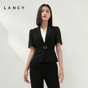 LANCY/朗姿2023夏季新款收腰显瘦西装薄外套上衣女短袖黑色上衣