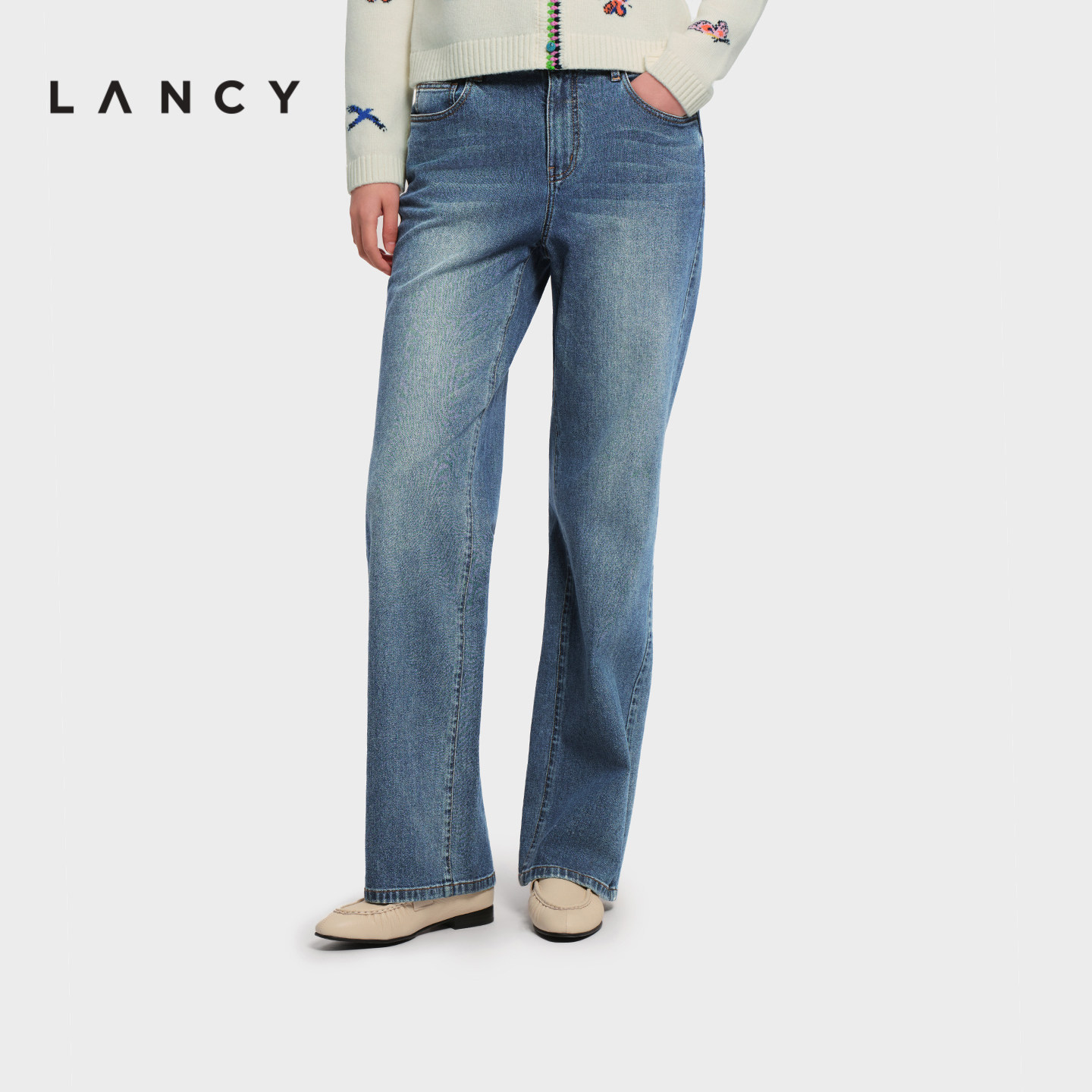 LANCY/朗姿2026春季新款百搭棉感三醋酸直筒阔腿高腰显瘦牛仔裤子,女装/女士精品,牛仔裤,淘宝优惠券,粉丝福利购,淘宝优惠卷