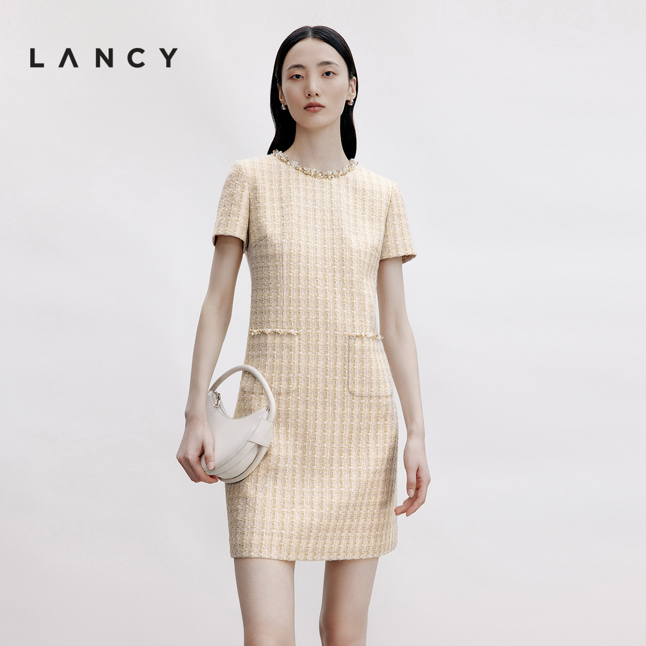 LANCY/朗姿2024秋新款粗花呢圆领小香风收腰短款短袖纯色连衣裙女