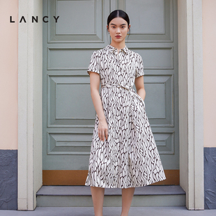 衬衫 LANCY 新款 裙子 朗姿2023夏季 领收腰印花真丝连衣裙子女短袖