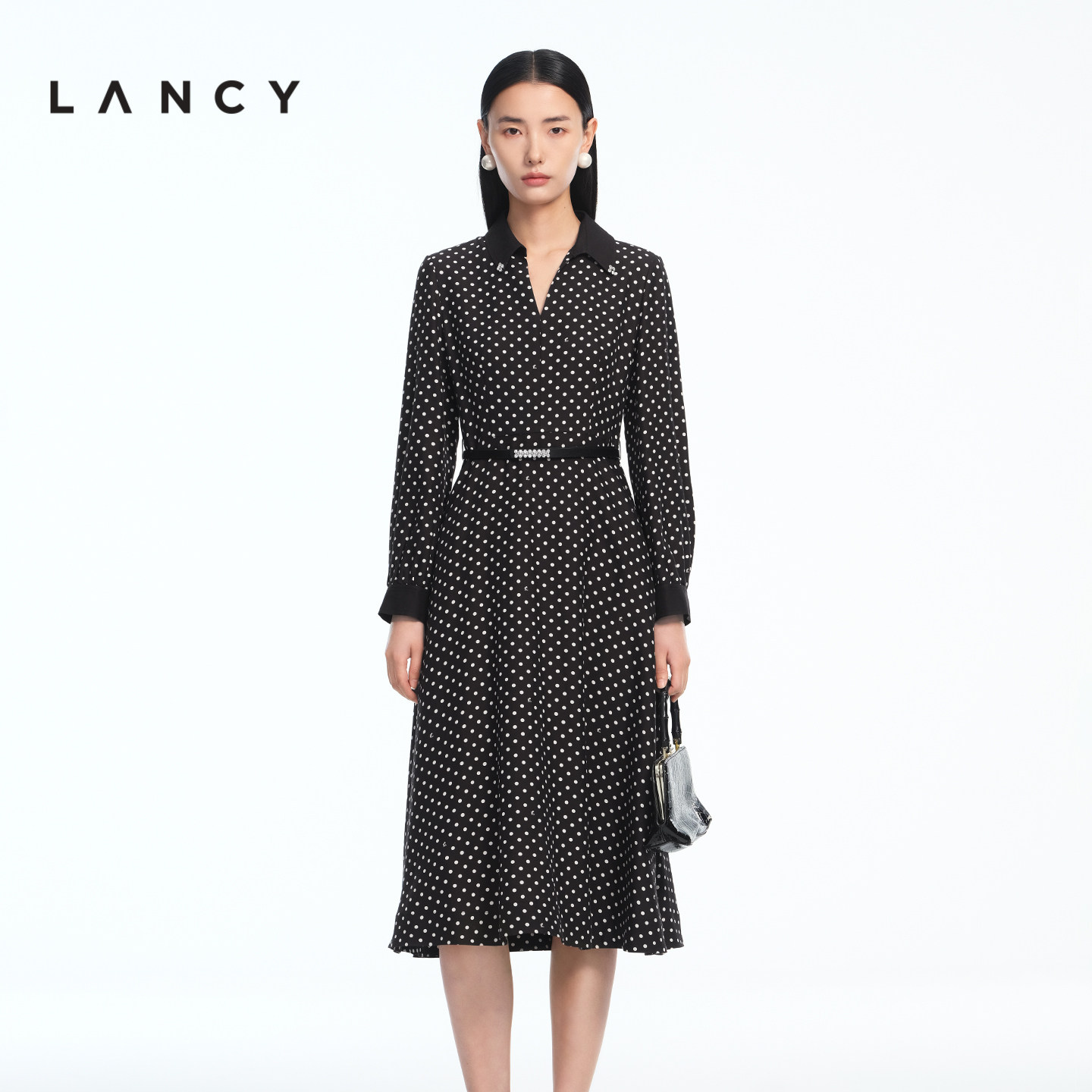 LANCY/朗姿2026春季新款法式长袖衬衫领收腰波点A字中长款连衣裙图片