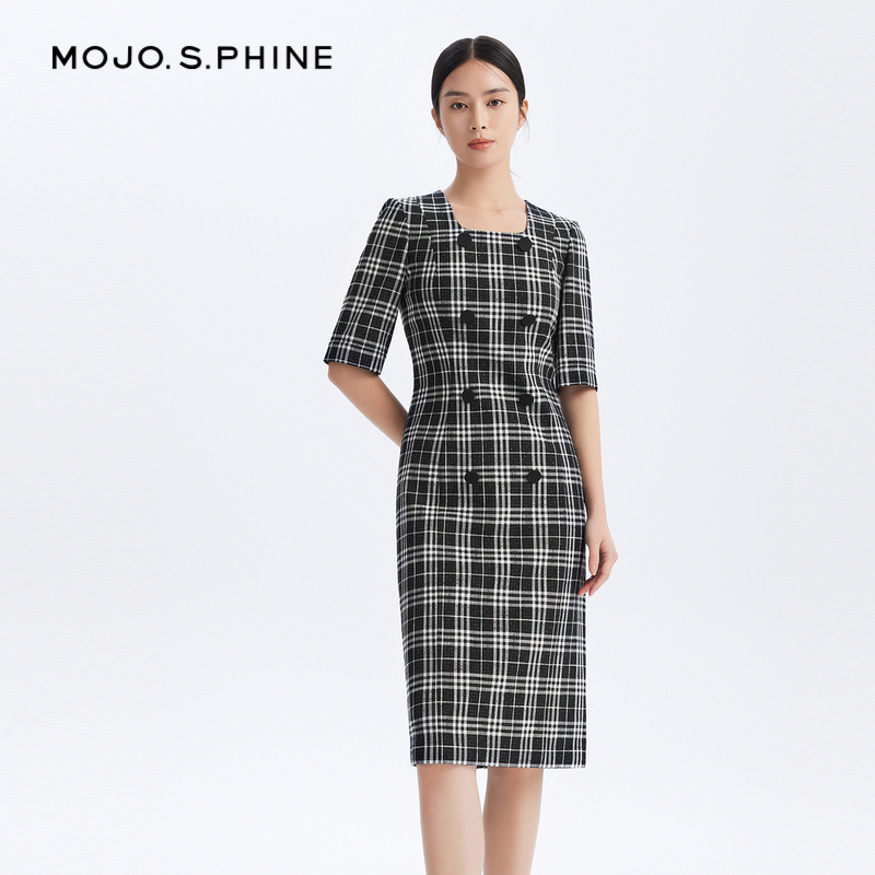 LANCY/MOJO女装夏季新款黑白的格纹通勤连衣裙女收腰显瘦短袖裙子