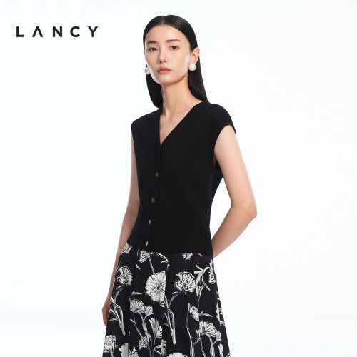 【纯羊毛】LANCY/朗姿2026春季新款复古修身收腰马甲无袖V领上衣