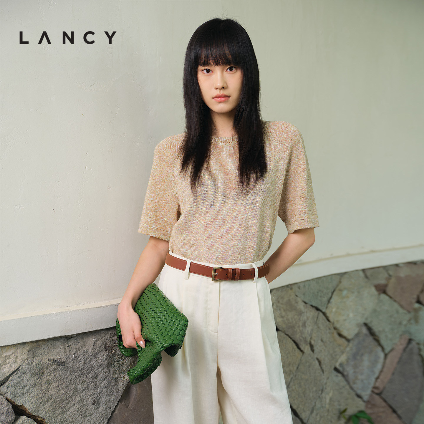 【羊毛亚麻】LANCY/朗姿2026夏新款老钱圆领短袖针织衫轻薄上衣女