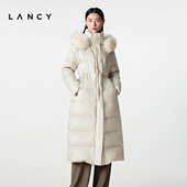 匈牙利白鹅绒 LANCY 朗姿2025冬新款 毛领收腰连帽长款 羽绒服女