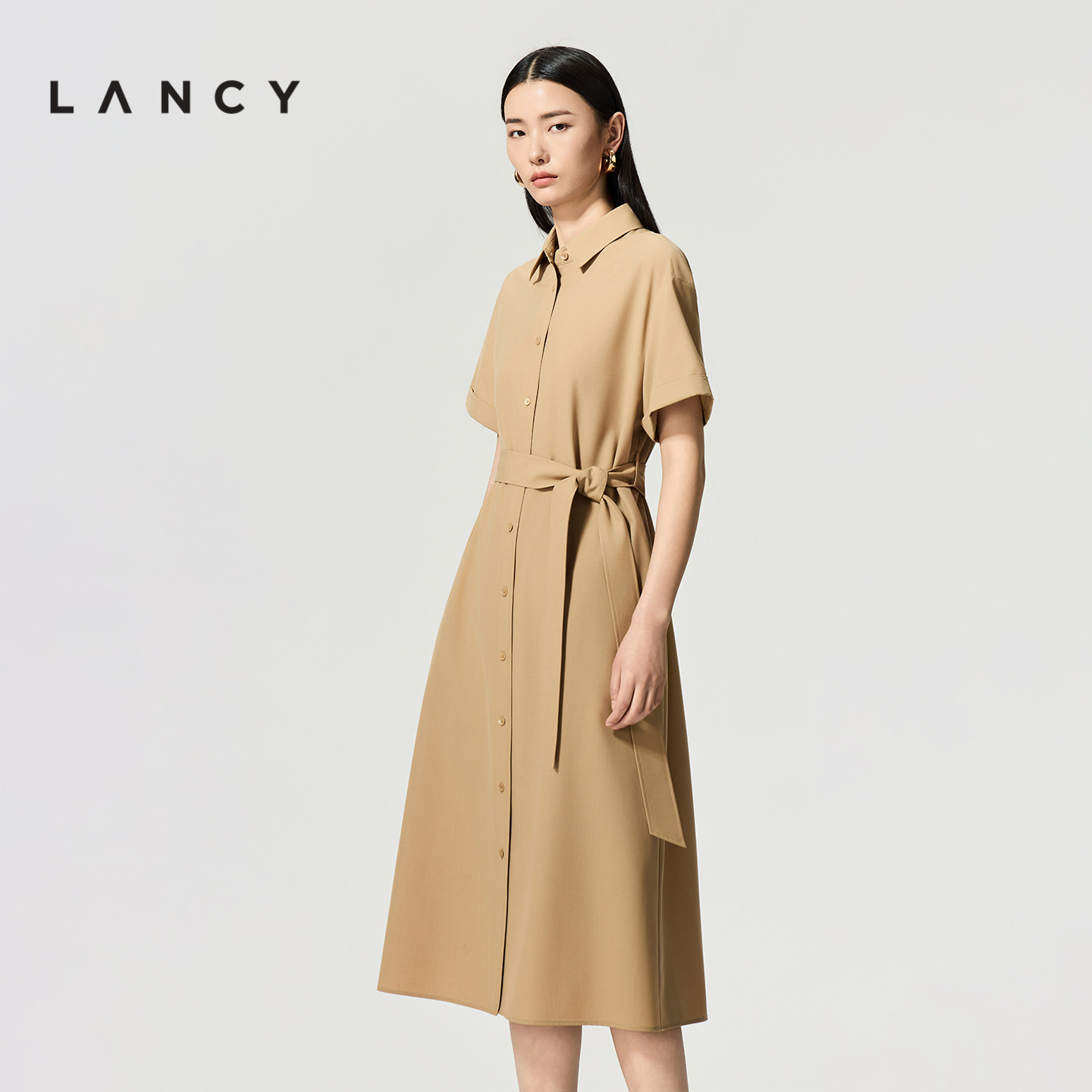 【蚕丝羊毛】LANCY/朗姿26夏新款丝毛廓形高端收腰长款衬衫连衣裙