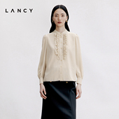朗姿2024秋季 新款 桑蚕丝花边立领衬衫 LANCY 女长袖 米色木耳边上衣