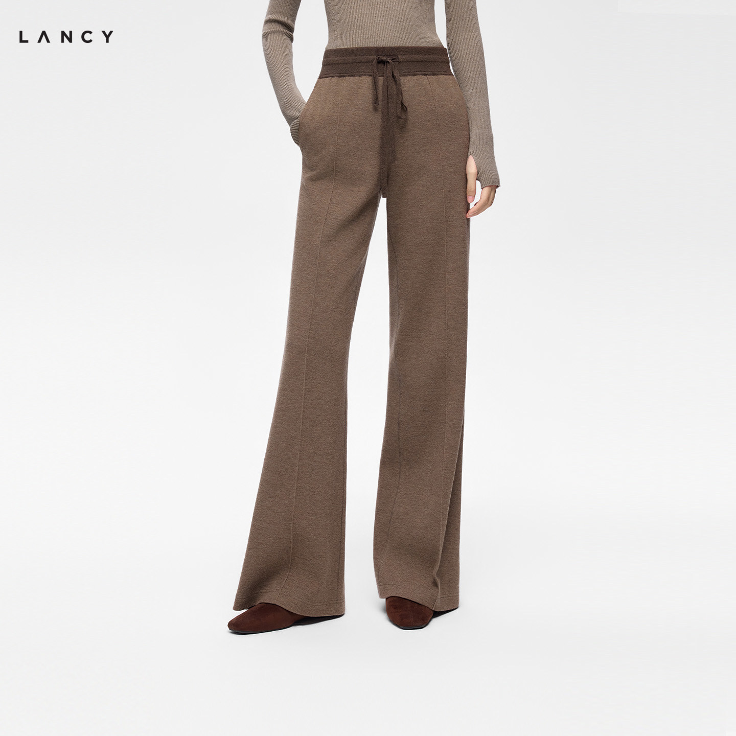 LANCY/朗姿2026冬季新款高腰阔腿羊毛裤松弛感松紧抽绳休闲西裤女