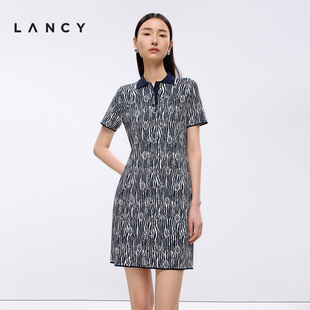 短款 设计感印花复古Polo领收腰短袖 连衣裙女 朗姿2025春新款 LANCY