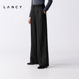 羊毛蚕丝 裤 LANCY 通勤阔腿西装 女复古黑色长裤 朗姿2025冬新款