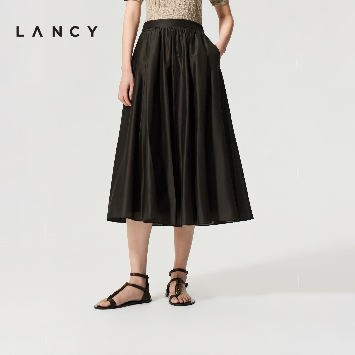 【桑蚕丝棉】LANCY/朗姿26夏季新款高端高腰百搭A字伞裙半身裙女