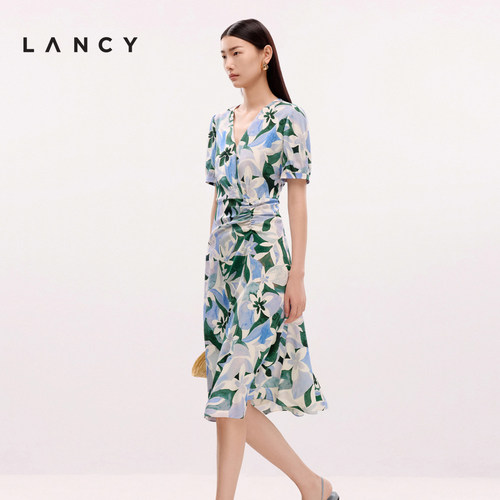 浪漫印花 腰间捏褶 优雅V领