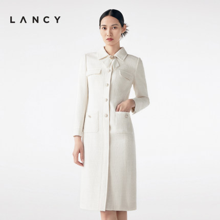 LANCY/朗姿2023秋冬新款白色长袖中长小香风连衣裙女轻奢法式千金