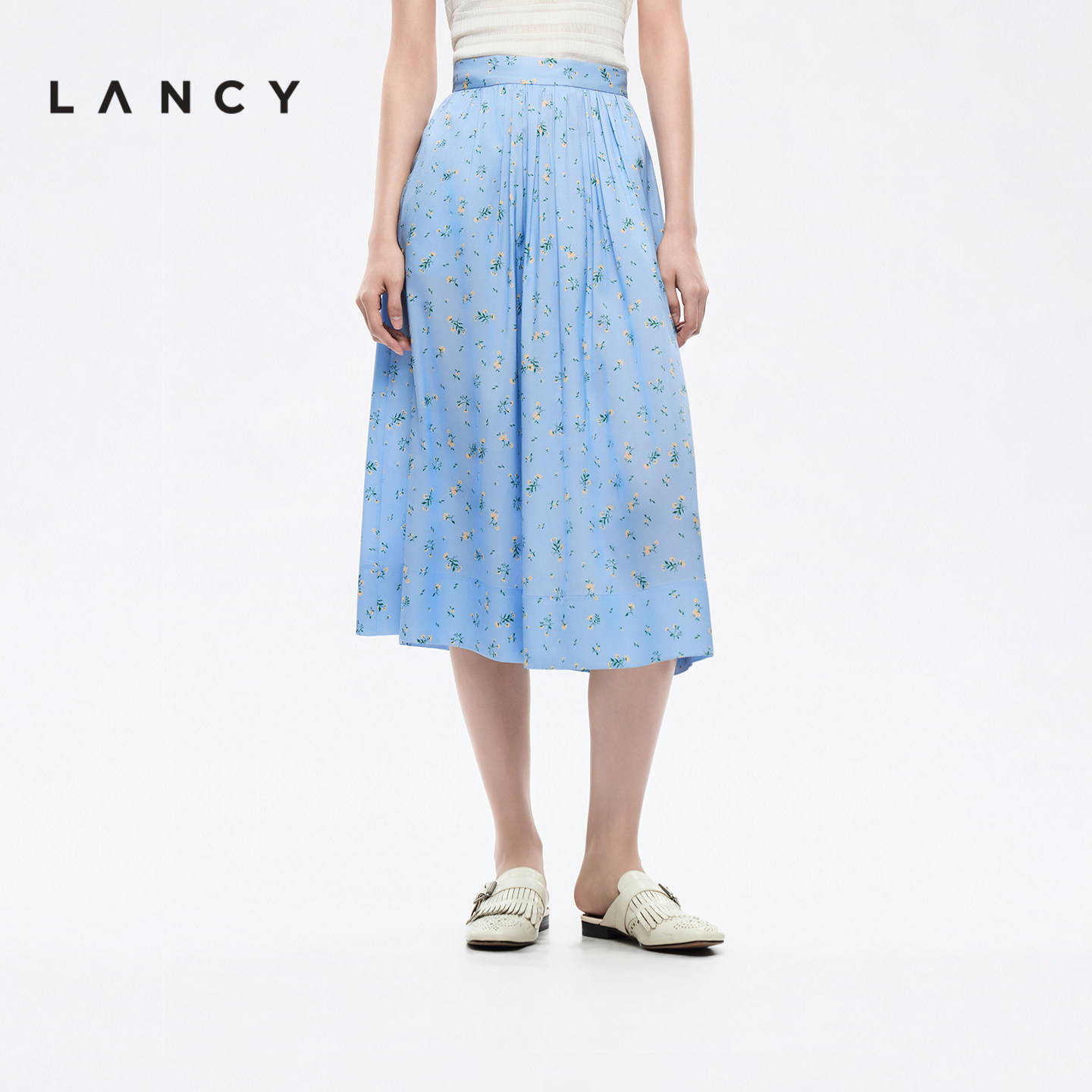 【真丝】LANCY/朗姿2026夏季新款法式碎花A字田园印花伞裙半身裙