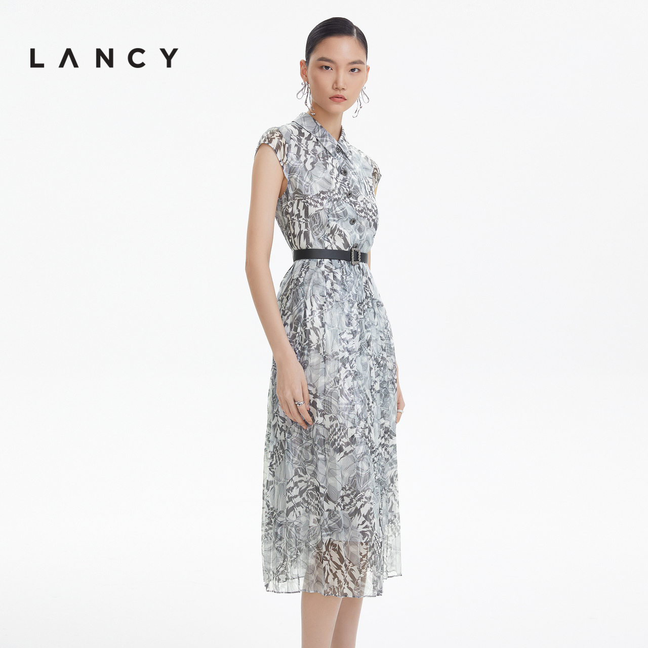 LANCY/朗姿女装真丝连衣裙长款POLO翻领裙子2022夏新款商场同款