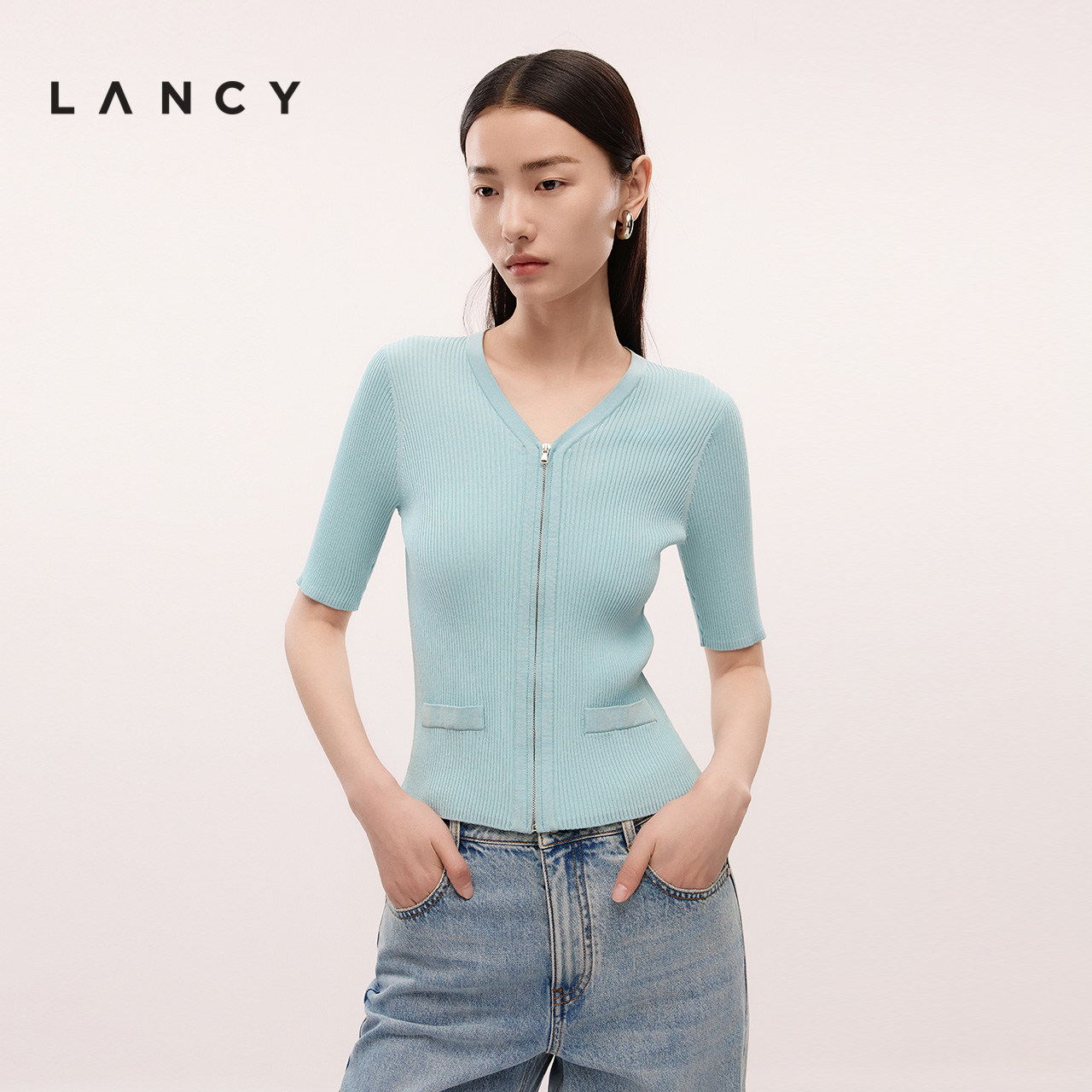 LANCY/朗姿2025年夏新款法式高级感修身显瘦短袖针织衫短款开衫女