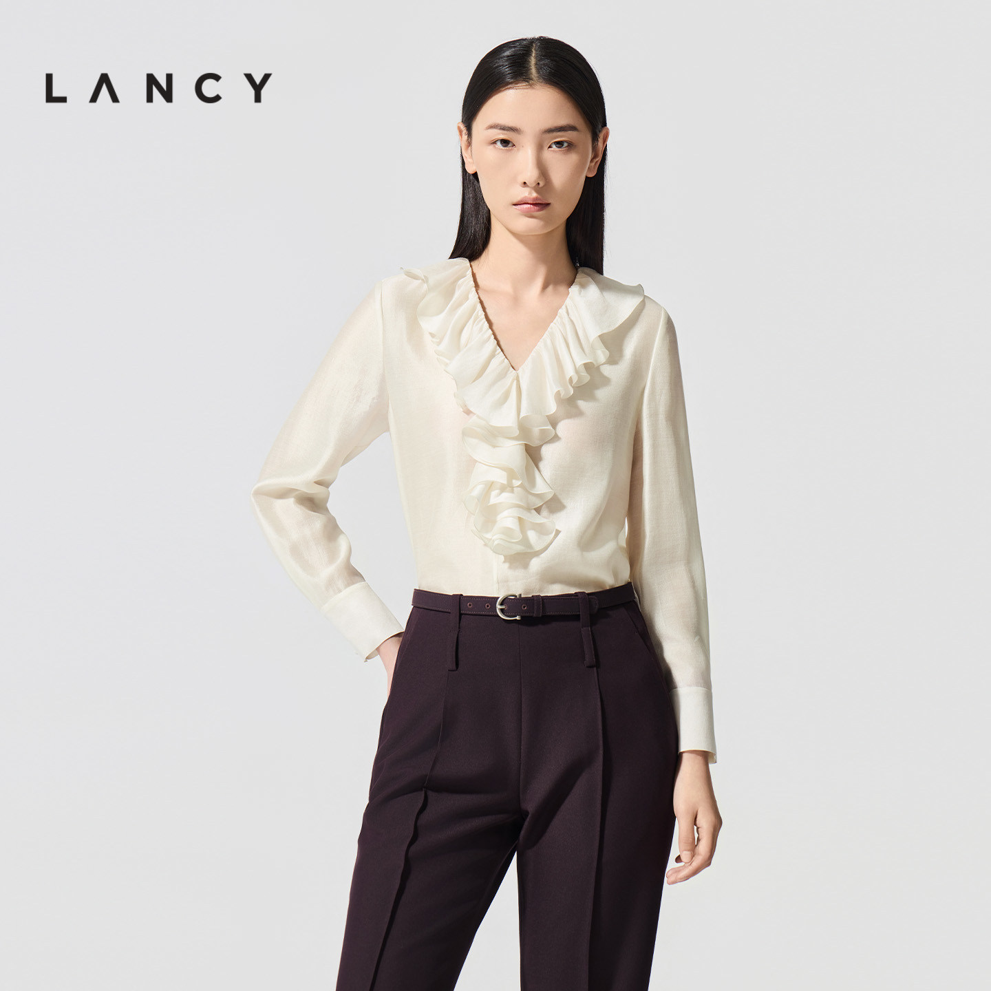 LANCY/朗姿2026春新款优雅设计感V领荷叶边衬衫女醋酸莫代尔上衣图片