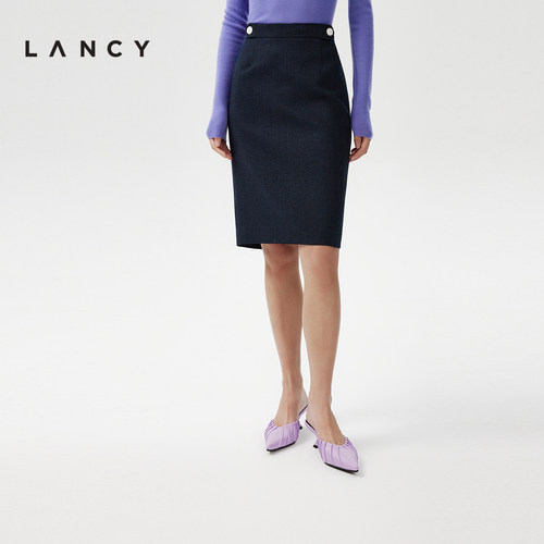 LANCY/朗姿2024春秋新款高腰修身直筒半身裙女通勤中长款包臀裙子