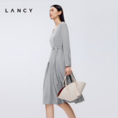 醋酸 LANCY 朗姿2025春新款 气质高级感V领收腰长袖 中长连衣裙