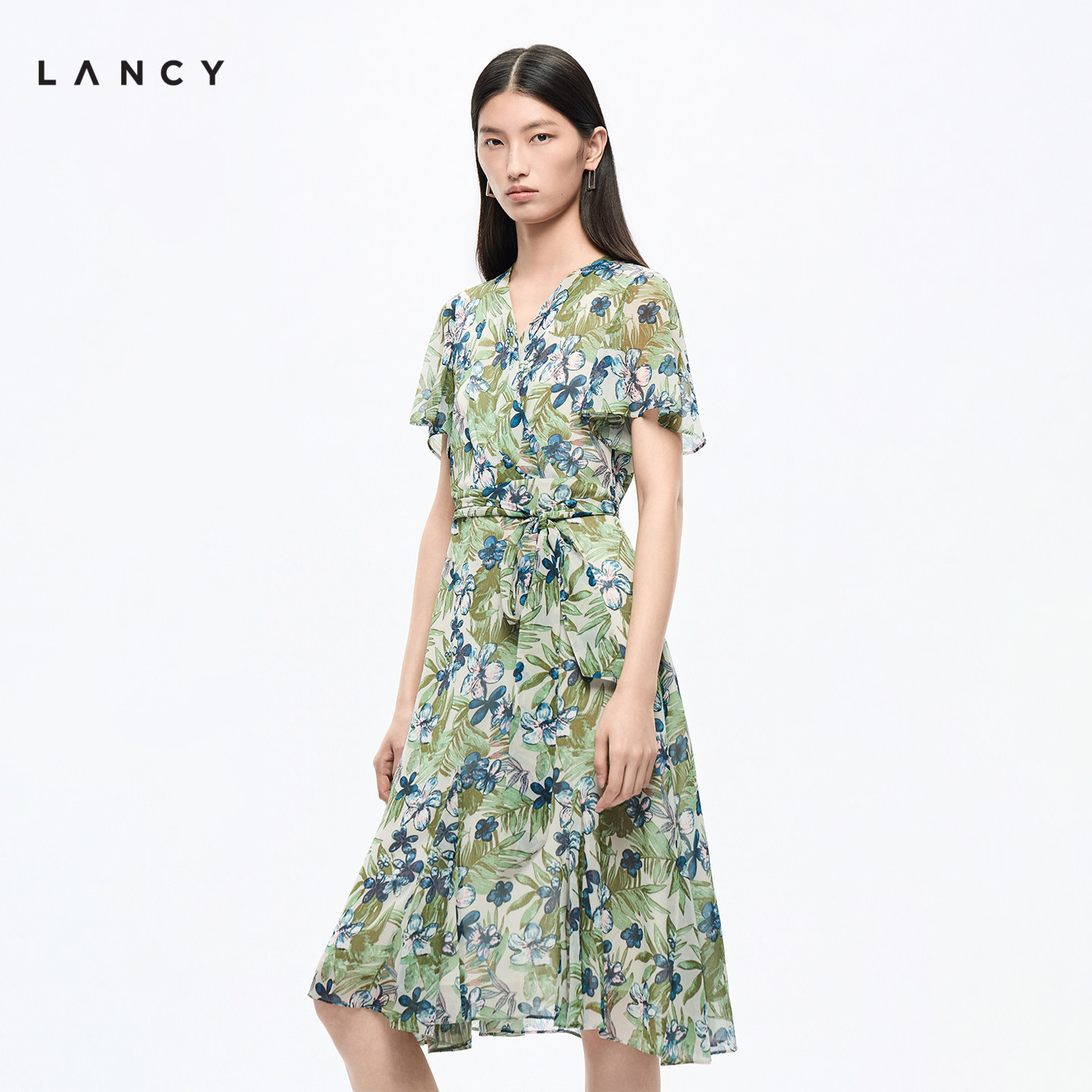 【真丝】LANCY/朗姿2026夏新款法式度假碎花裙短袖收腰印花连衣裙