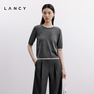 绵羊毛圆领半袖 灰色打底衫 朗姿2024秋季 上衣女 LANCY 针织衫 新款