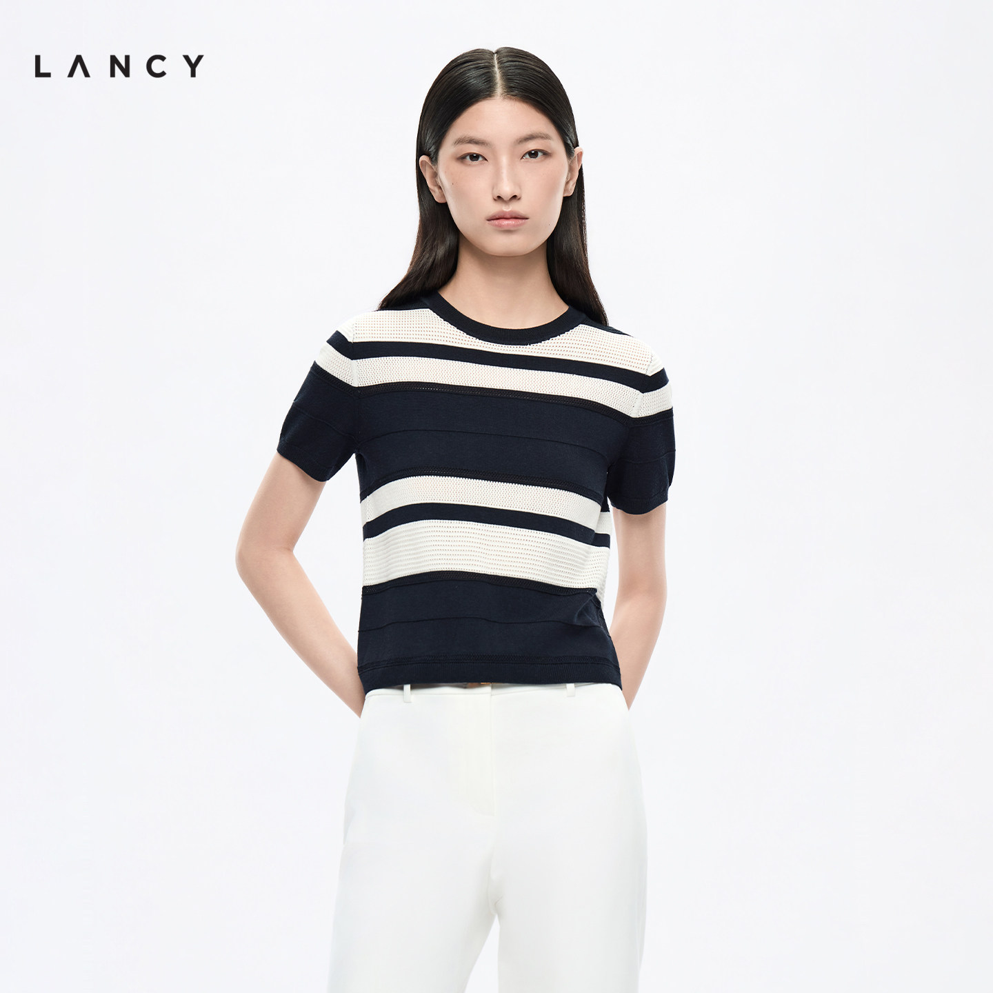 【莱赛尔羊毛】LANCY/朗姿2026秋季新款条纹圆领针织衫短袖上衣女