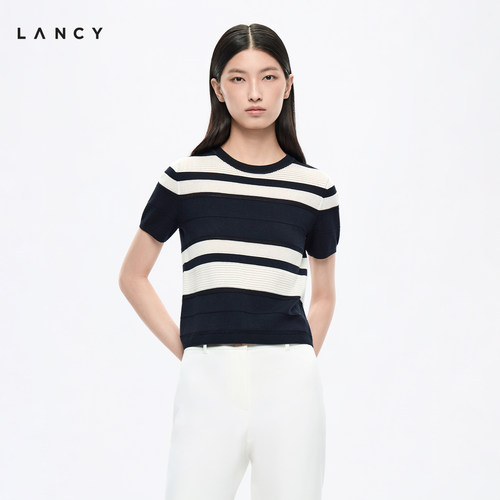【莱赛尔羊毛】LANCY/朗姿2026秋季新款条纹圆领针织衫短袖上衣女