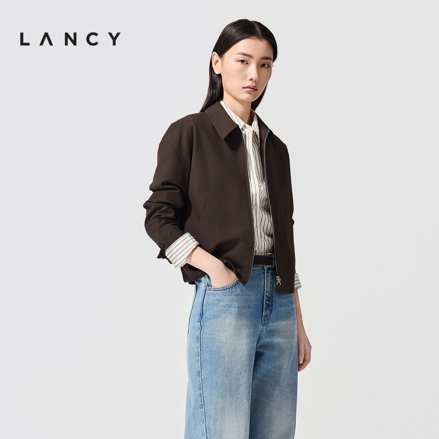 【纯羊毛】LANCY/朗姿2026春新款气质复古工装短外套翻领行政夹克
