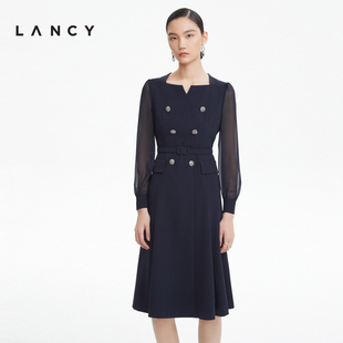 LANCY 连衣裙商务高级感收腰显瘦通勤裙子女 醋酸方领法式 朗姿秋季