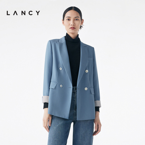 LANCY/朗姿2023秋冬新款修身双排扣职业西装外套女中长款简约时尚