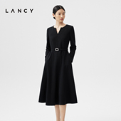 LANCY 高级感优雅黑色连衣裙女 气质长袖 朗姿2024新款 V领收腰法式