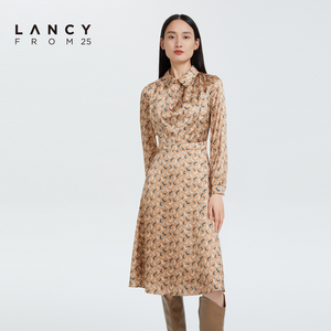 lancy/朗姿真丝2022冬季新款衬衫连衣裙女印花收腰显瘦高级感裙子