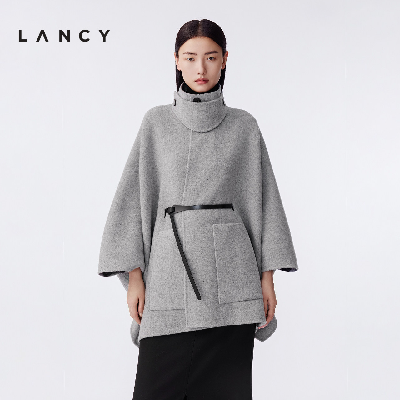 【羊绒羊毛】LANCY/朗姿2025冬季新款气质格纹立领斗篷毛呢大衣
