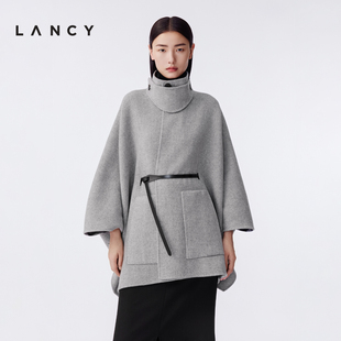新款 朗姿2025冬季 LANCY 气质格纹立领斗篷毛呢大衣 羊绒羊毛