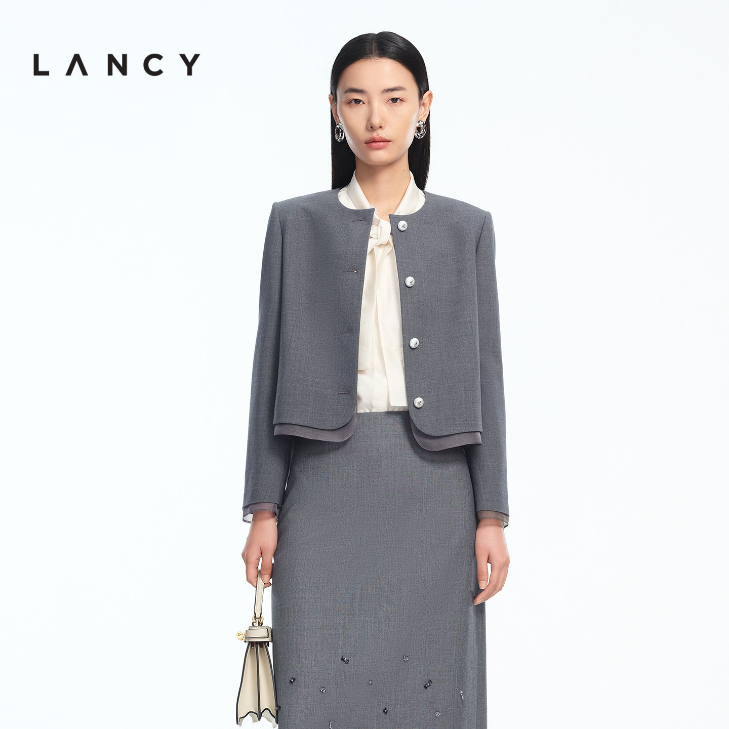 【羊毛】LANCY/朗姿2026春季新款高级感通勤圆领拼接箱型短外套女