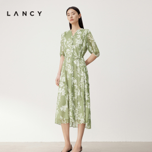 印花收腰长款 LANCY 桑蚕丝小V领法式 新款 连衣裙子女 朗姿2024夏季