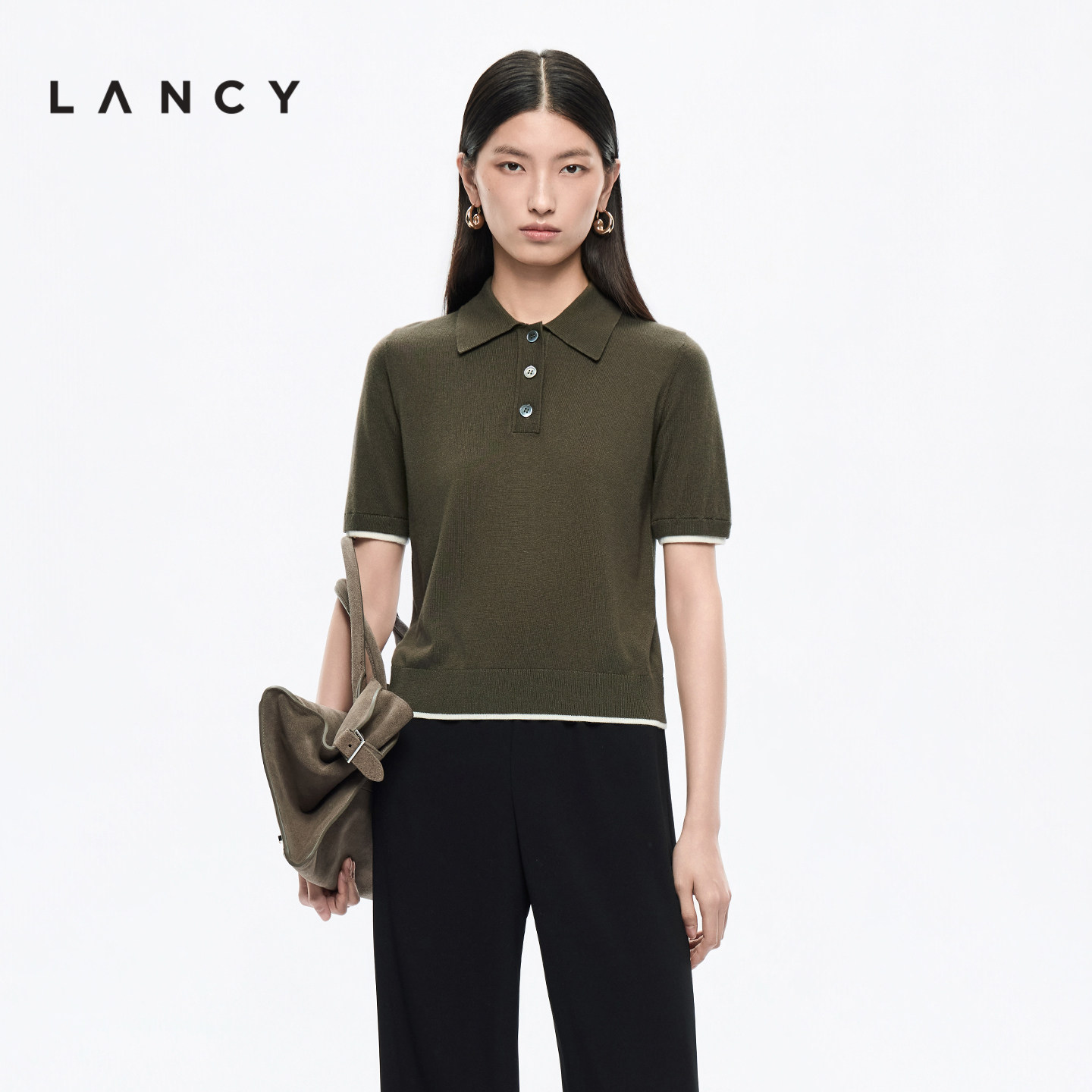 【蚕丝羊绒】LANCY/朗姿2026夏季新款气质POLO领轻薄短袖针织衫女图片